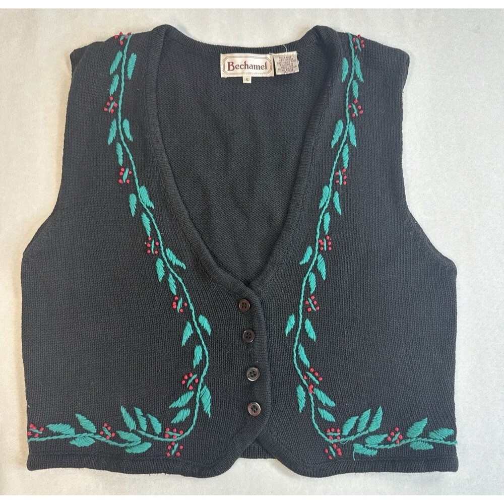 VTG Bechamel Ugly Christmas Sweater Womens Small Vest Holly